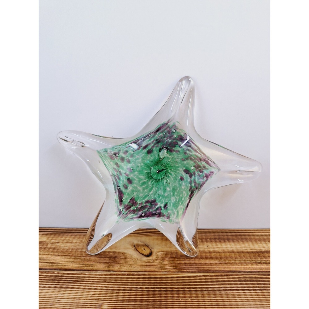 Green Teal‎ Purple Art Glass Paperweight Hand Blown Starfish Beach 7inch Wide